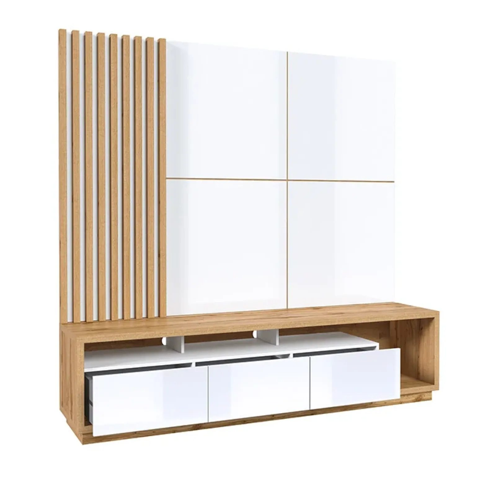 Garnero Arredamenti Parete Attrezzata A Terra|Pareti Attrezzate-Parete attrezzata 200x196h cm soggiorno bianco lucido rovere Favorita Bianco Lucido - Rovere