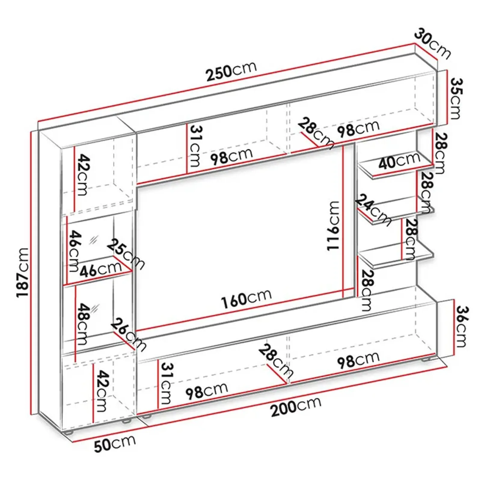 Garnero Arredamenti Parete Attrezzata A Terra|Pareti Attrezzate-Parete attrezzata 250x187h cm soggiorno bianco effetto pietra Gracia