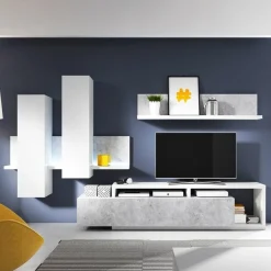 Garnero Arredamenti Parete Attrezzata A Terra|Pareti Attrezzate-Parete attrezzata 219x205h cm soggiorno bianco opaco Megan Gihome® Bianco Opaco - Cemento