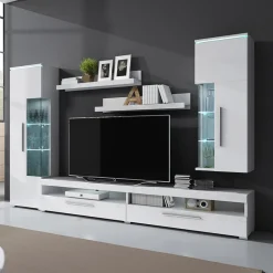 Garnero Arredamenti Parete Attrezzata A Terra|Pareti Attrezzate-Parete attrezzata 275x175h cm soggiorno Frisk Bianco Lucido