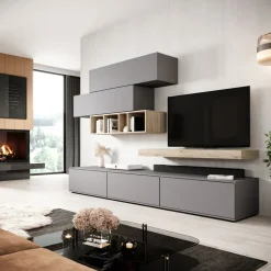 Garnero Arredamenti Parete Attrezzata A Terra|Pareti Attrezzate-Parete attrezzata 270x183h cm soggiorno rovere antracite America Gihome® Grigio - Rovere