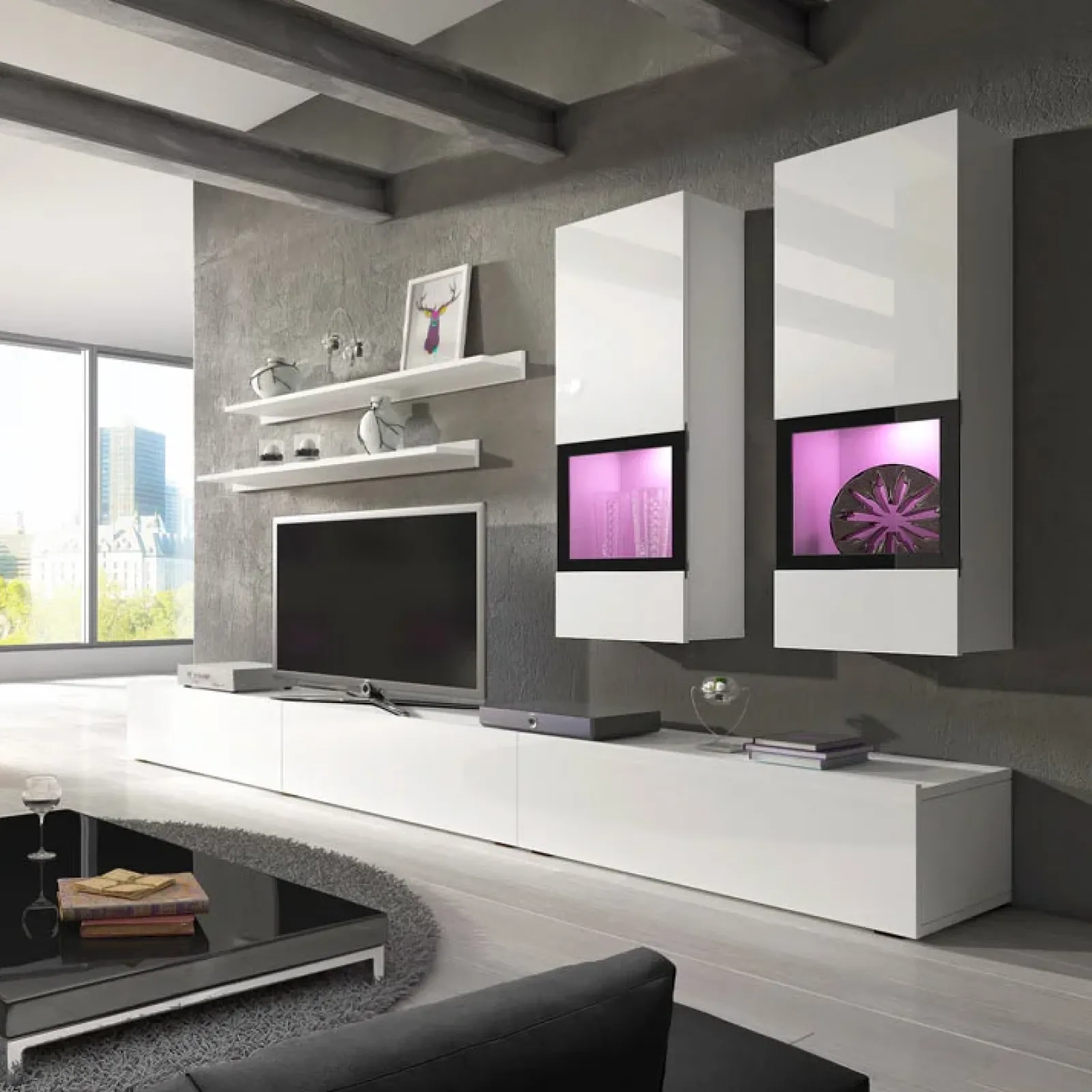 Garnero Arredamenti Parete Attrezzata A Terra|Pareti Attrezzate-Parete attrezzata 270x176h cm soggiorno bianco nero Emotion Gihome® Bianco Lucido