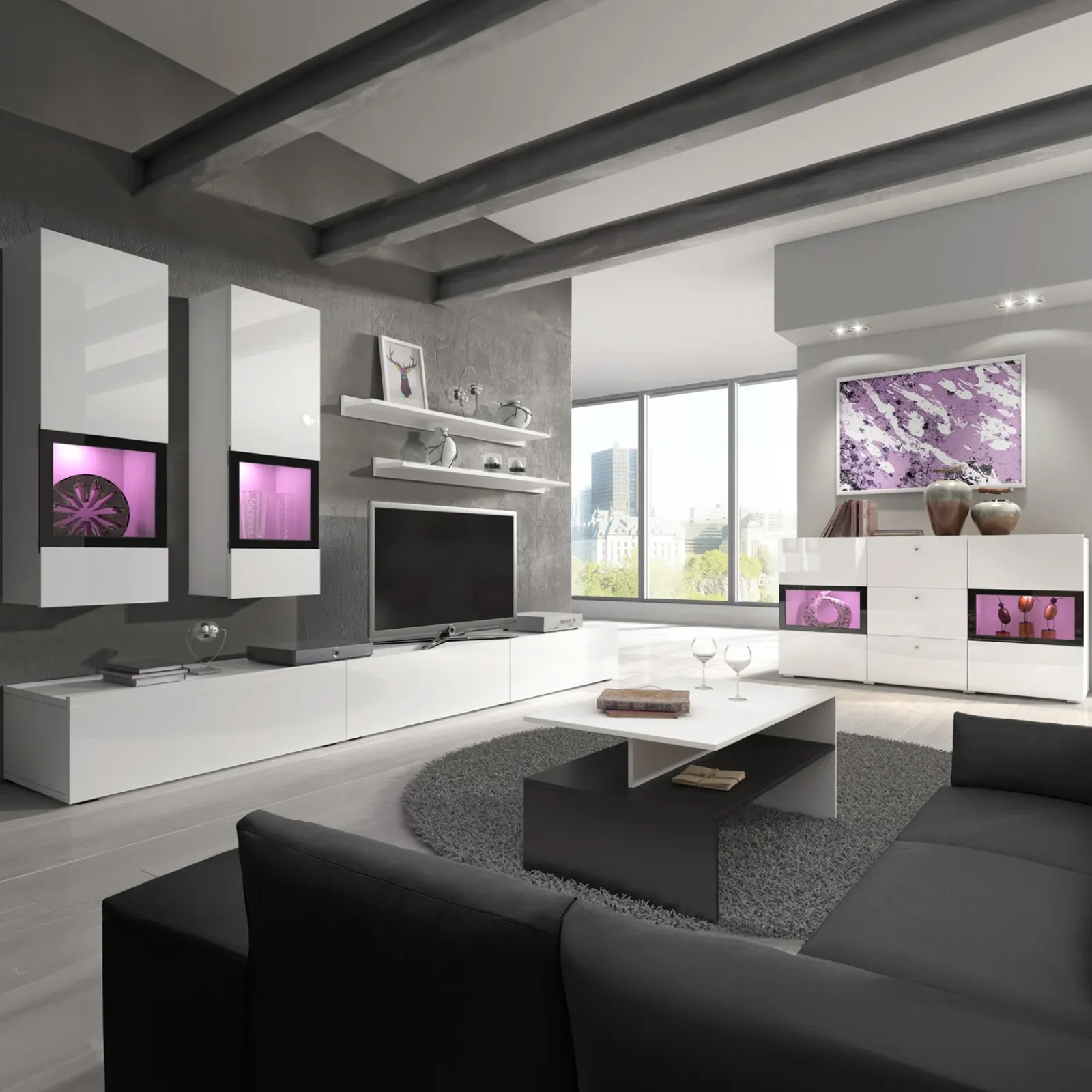 Garnero Arredamenti Parete Attrezzata A Terra|Pareti Attrezzate-Parete attrezzata 270x176h cm soggiorno bianco nero Emotion Gihome® Bianco Lucido