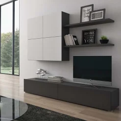 Garnero Arredamenti Parete Attrezzata A Terra|Pareti Attrezzate-Parete attrezzata 200x195h cm soggiorno bianco frassinato antracite Euphoria Bianco Frassinato - Antracite