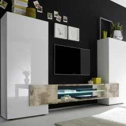 Garnero Arredamenti Parete Attrezzata A Terra|Pareti Attrezzate-Parete attrezzata 258x143h cm soggiorno bianco lucido pero Starck Bianco Lucido - Rovere