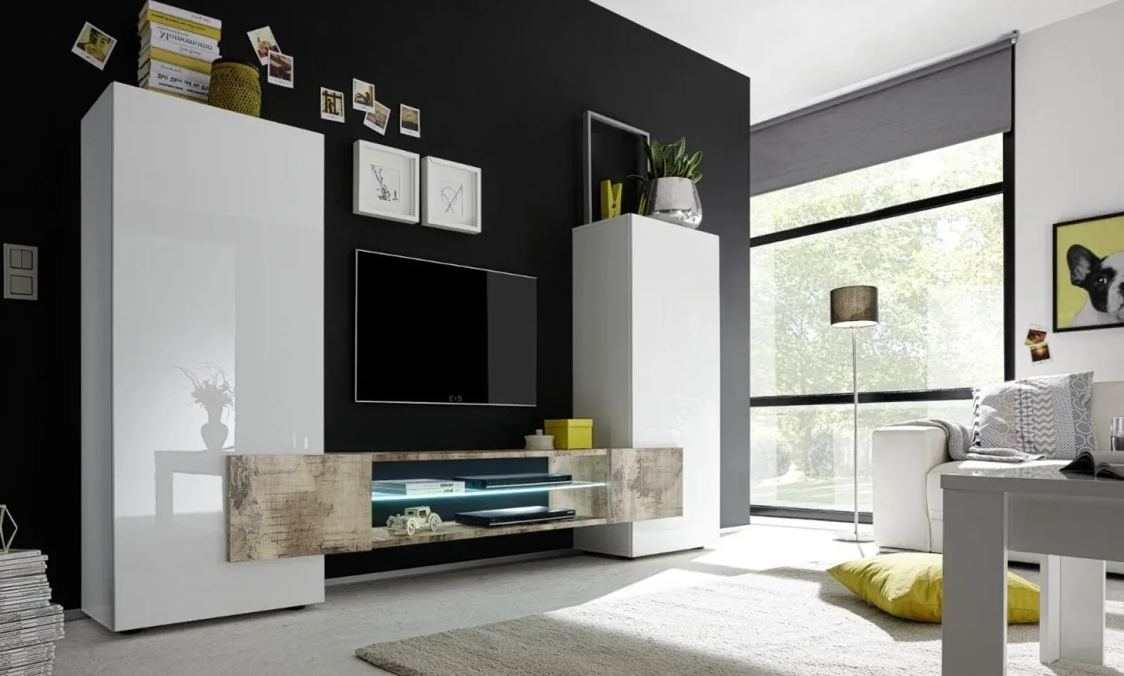 Garnero Arredamenti Parete Attrezzata A Terra|Pareti Attrezzate-Parete attrezzata 258x143h cm soggiorno bianco lucido pero Starck Bianco Lucido - Rovere