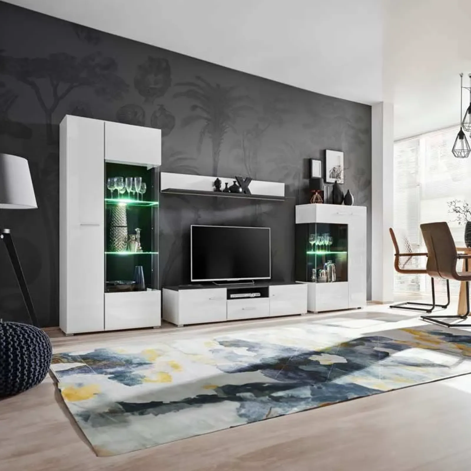 Garnero Arredamenti Parete Attrezzata A Terra|Pareti Attrezzate-Parete attrezzata 310x190h cm soggiorno pino nero York Gihome® Bianco Lucido