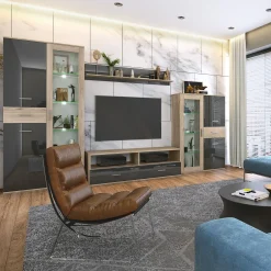 Garnero Arredamenti Parete Attrezzata A Terra|Pareti Attrezzate-Parete attrezzata 390x201h cm soggiorno rovere grigio lucido Diran