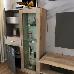 Garnero Arredamenti Parete Attrezzata A Terra|Pareti Attrezzate-Parete attrezzata 390x201h cm soggiorno rovere grigio lucido Diran