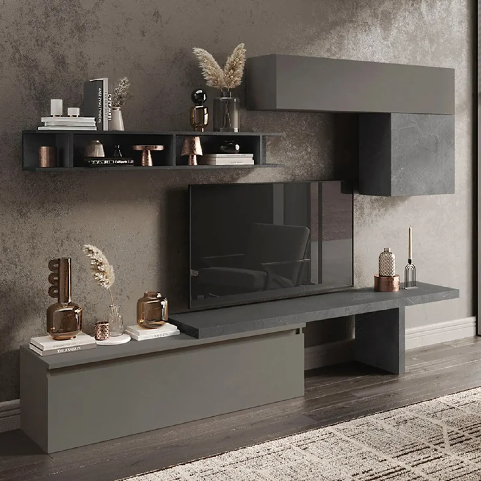 Garnero Arredamenti Parete Attrezzata A Terra|Pareti Attrezzate-Parete attrezzata 280x190h design moderno cm grigio scuro antracite Sunset 25