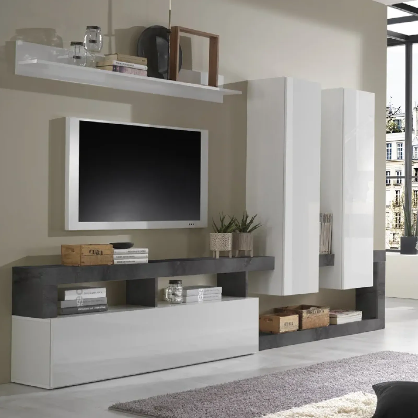 Garnero Arredamenti Parete Attrezzata A Terra|Pareti Attrezzate-Parete attrezzata 277x200h moderna cm bianco lucido ossido Invictus Ossido - Bianco Lucido