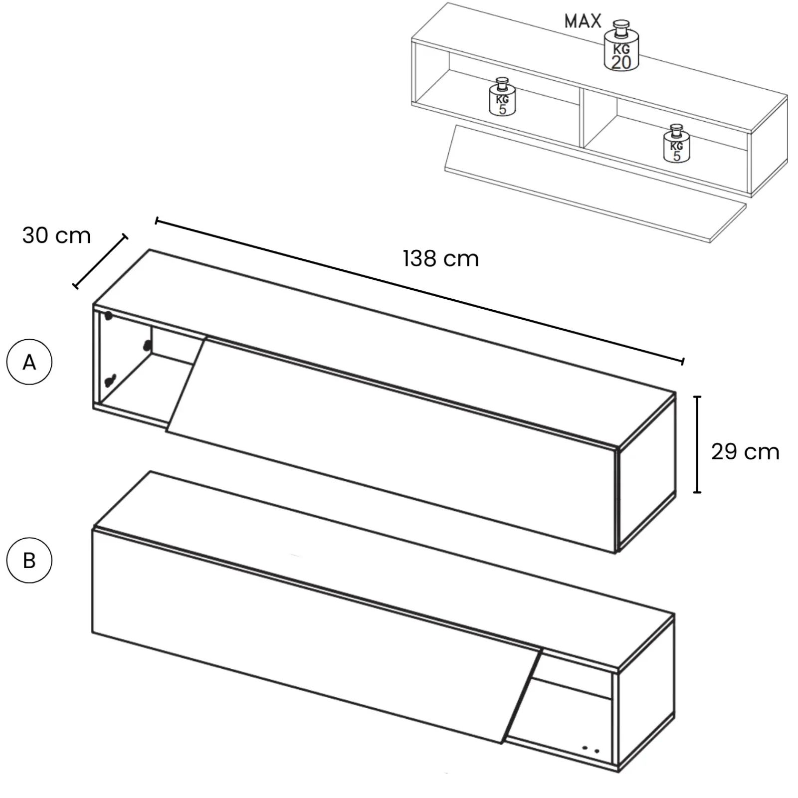 Garnero Arredamenti Mensole E Pensili-Pensile orizzontale 138x29h cm 1 anta tagliata soggiorno nero Sunset Ossido