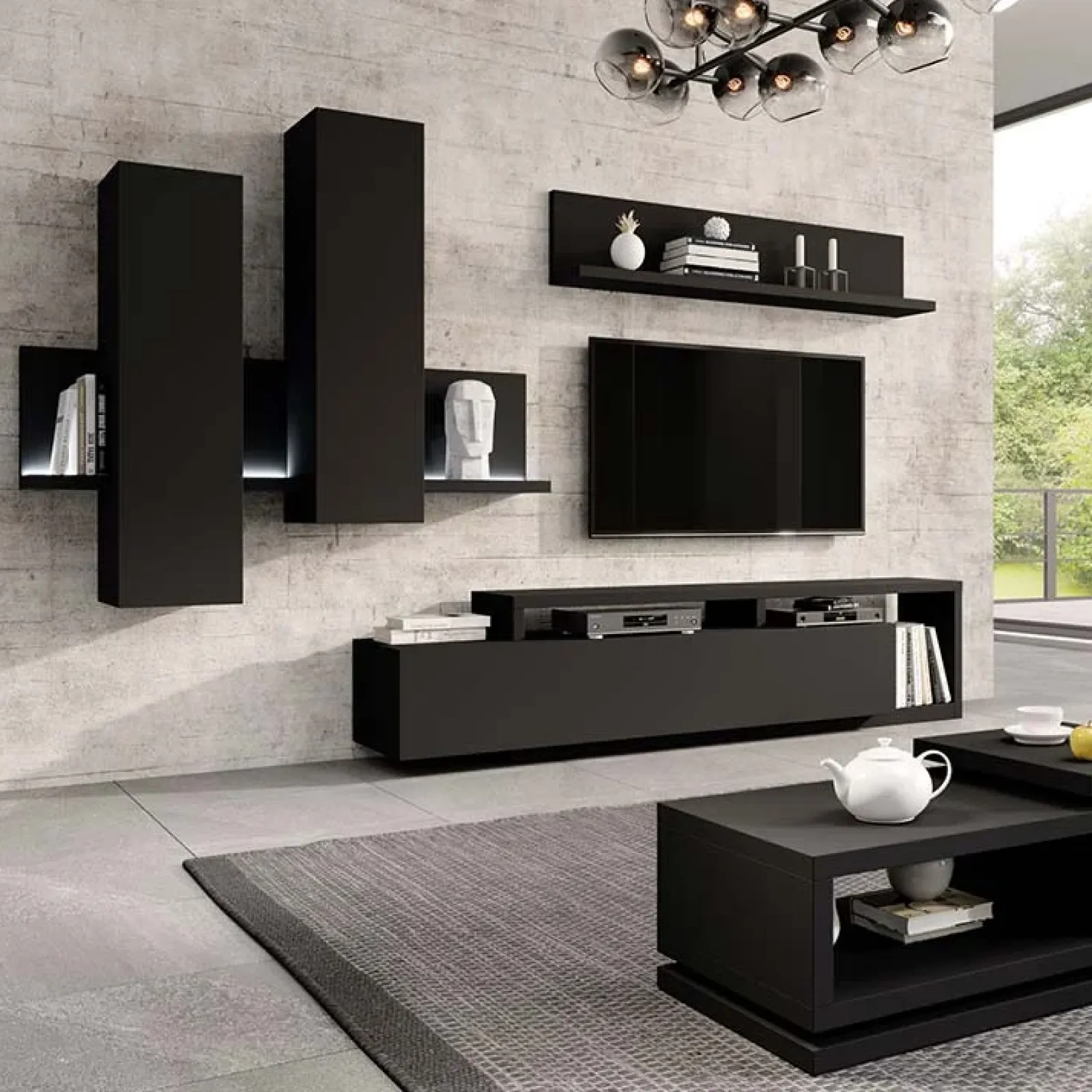 Garnero Arredamenti Mensole E Pensili|Mensole E Pensili-Pensile 152x142h cm per parete attrezzata con mensola Megan Gihome® Nero Opaco