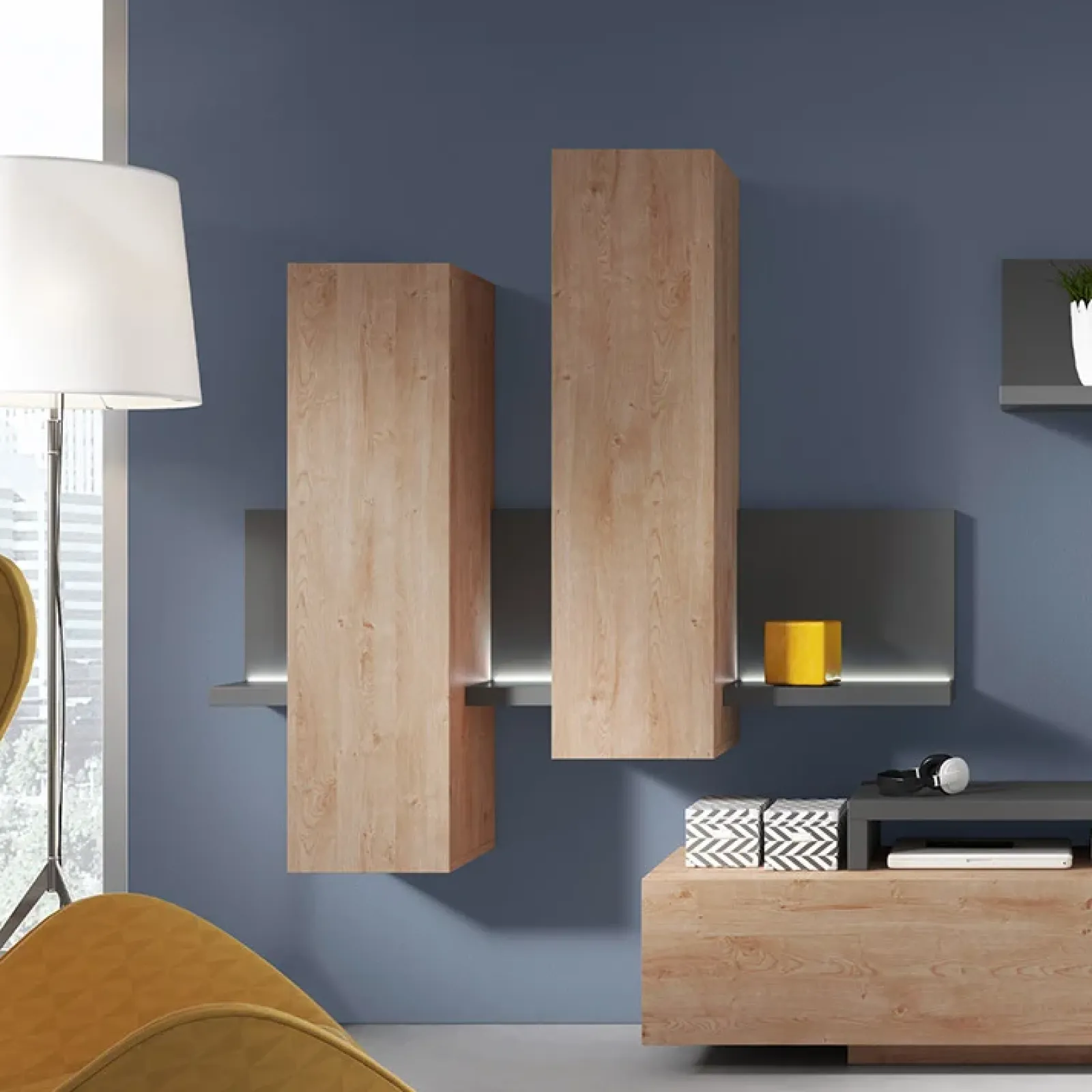 Garnero Arredamenti Mensole E Pensili|Mensole E Pensili-Pensile 152x142h cm per parete attrezzata con mensola rovere antracite Megan Gihome® Rovere - Antracite