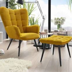 Garnero Arredamenti Poltroncine Imbottite-Poltrona imbottita con poggiapiedi in velluto giallo Siena Senape