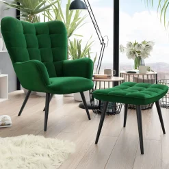 Garnero Arredamenti Poltroncine Imbottite-Poltrona imbottita con poggiapiedi in velluto Siena Verde