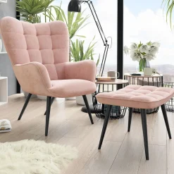 Garnero Arredamenti Poltroncine Imbottite-Poltrona imbottita con poggiapiedi in velluto Siena Rosa