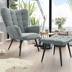 Garnero Arredamenti Poltroncine Imbottite-Poltrona imbottita con poggiapiedi in velluto Siena Grigio chiaro