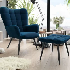 Garnero Arredamenti Poltroncine Imbottite-Poltrona imbottita con poggiapiedi in velluto Siena Blu