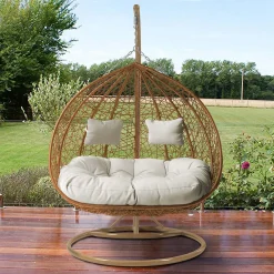 Garnero Arredamenti Poltrone Da Giardino-Poltrona sospesa 2 posti da giardino 120x200h cm marrone con cuscino beige Ibisco Rovere - Beige