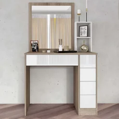 Garnero Arredamenti Toeletta Trucco-Postazione trucco 99x42cm con specchio rovere bianco lucido Tamigi