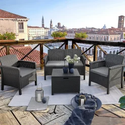 Garnero Arredamenti Salotto Da Giardino-Salotto da giardino 2 poltrone divano tavolino con cuscini polipropilene grafite Capri