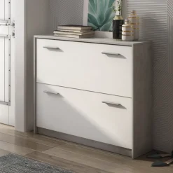 Garnero Arredamenti Scarpiere E Cassepanche|Scarpiere-Scarpiera ingresso 98x81h cm 2 ante ribalta bianco frassinato cemento Thomas