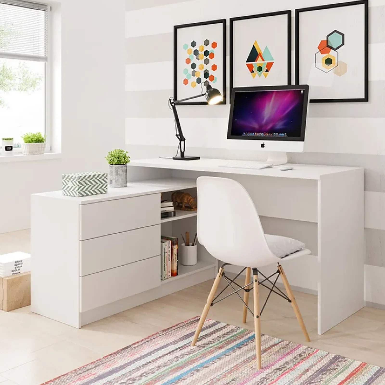 Garnero Arredamenti Scrivanie Per Ragazzi|Scrivanie Ufficio-Scrivania angolare ufficio 138x110cm con cassettiera bianca Fallon