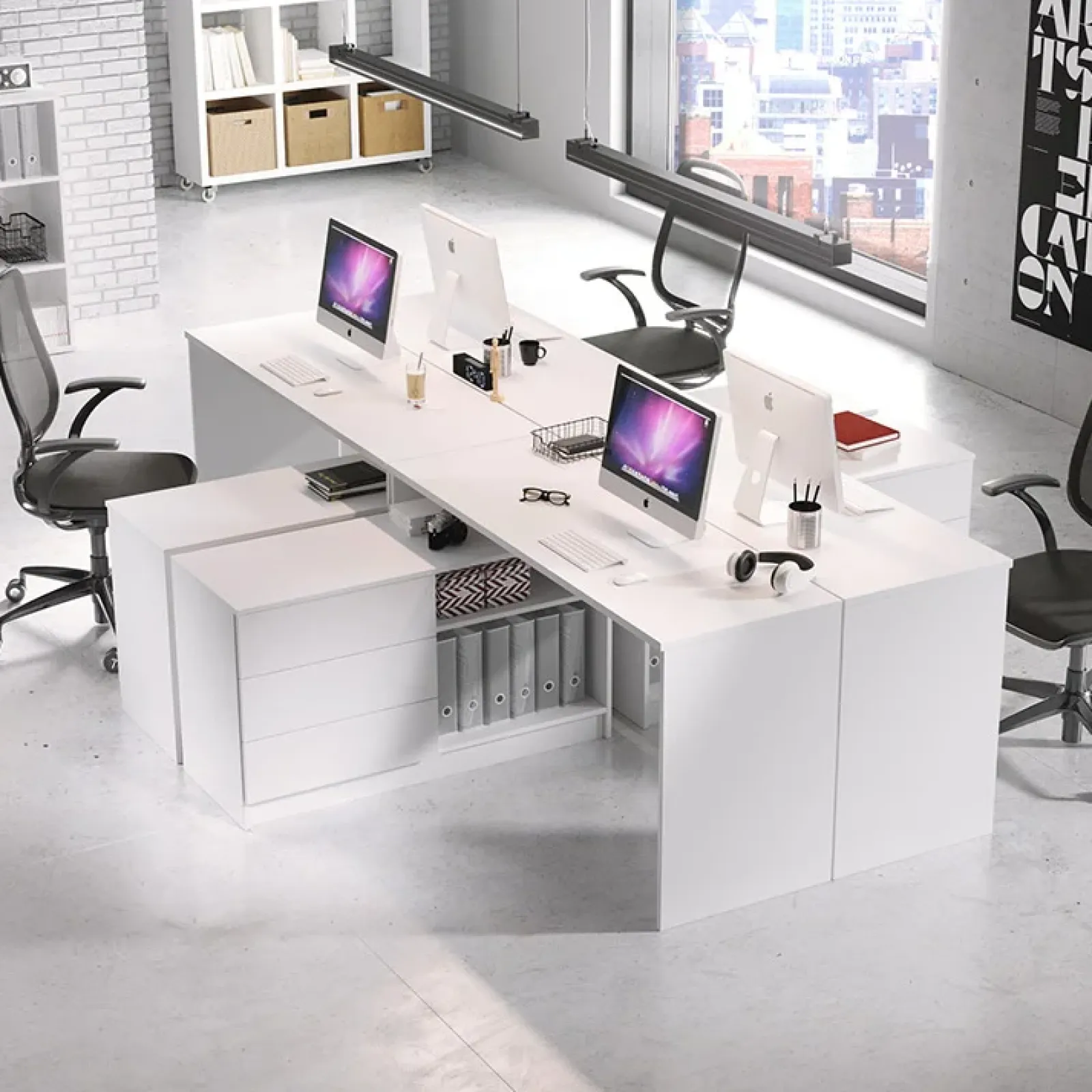 Garnero Arredamenti Scrivanie Per Ragazzi|Scrivanie Ufficio-Scrivania angolare ufficio 138x110cm con cassettiera bianca Fallon