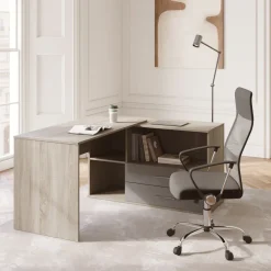 Garnero Arredamenti Scrivanie Ufficio|Scrivanie Ufficio-Scrivania angolare 144x127cm ufficio con cassettiera rovere antracite lucido Time Z
