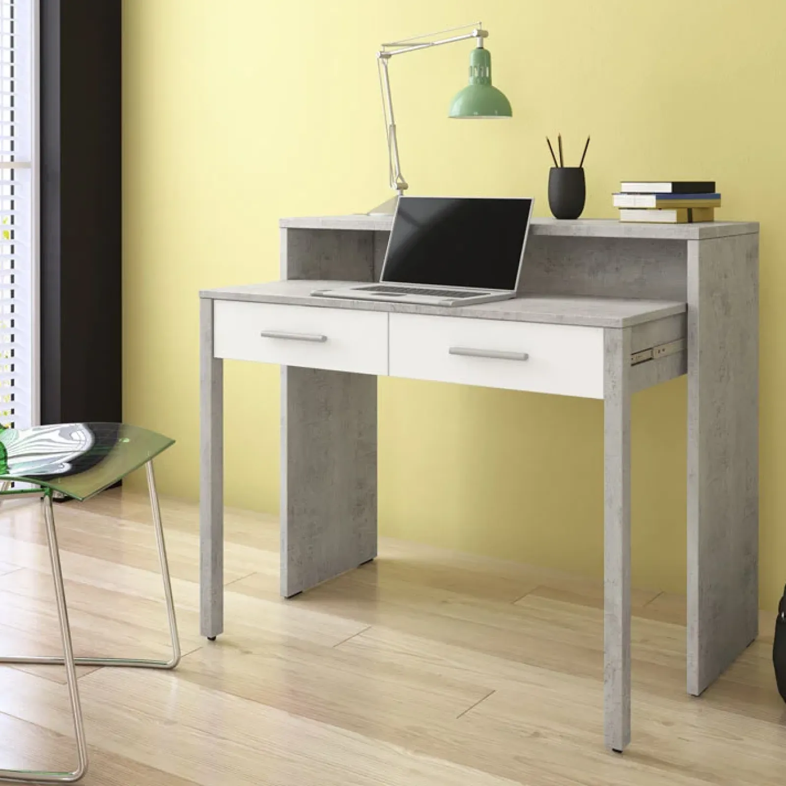 Garnero Arredamenti Scrivanie Ufficio|Scrivanie Ufficio-Scrivania 37/71cm ufficio bianco frassino cemento Maybelle Bianco Opaco - Cemento