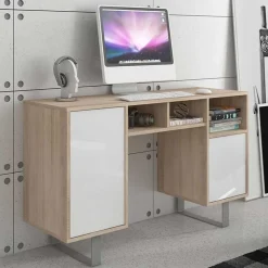 Garnero Arredamenti Scrivanie Per Ragazzi|Scrivanie Ufficio-Scrivania ufficio moderna 120x42cm bianco lucido rovere Kelli Rovere - Bianco Lucido