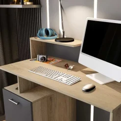 Garnero Arredamenti Scrivanie Per Ragazzi|Scrivanie Ufficio-Scrivania ufficio 110x95cm con mobile contenitore grigio rovere chiaro Aldeia