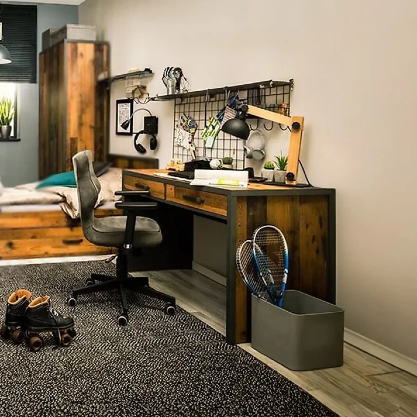 Garnero Arredamenti Scrivanie Per Ragazzi-Scrivania 120x76cm 2 cassetti stile soft rovere scuro nero Urbania