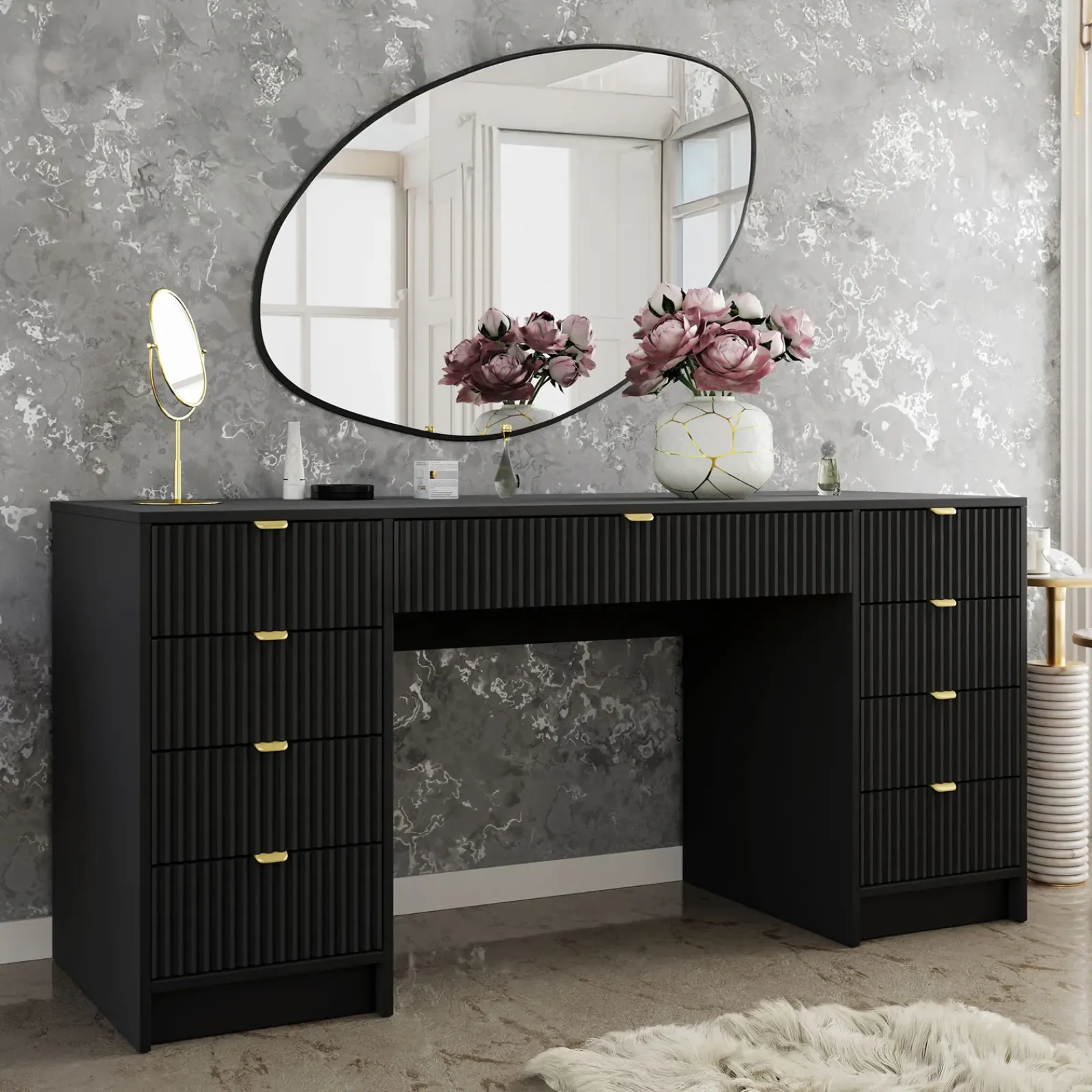 Garnero Arredamenti Toeletta Trucco|Scrivanie Ufficio-Scrivania 154x55cm con 9 cassetti cannettata Athena Nero