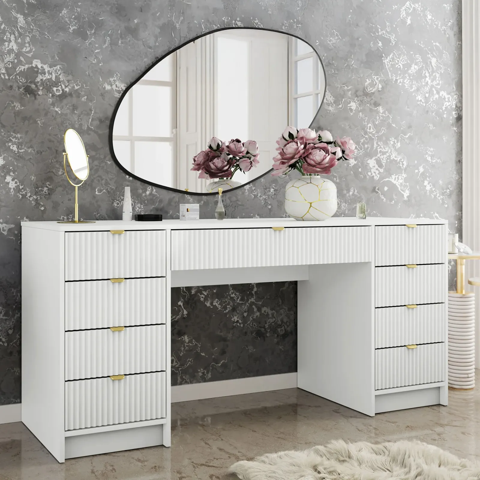 Garnero Arredamenti Toeletta Trucco|Scrivanie Ufficio-Scrivania 154x55cm con 9 cassetti cannettata Athena Bianco