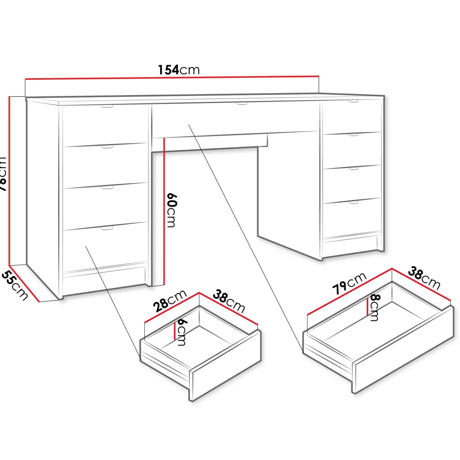 Garnero Arredamenti Toeletta Trucco|Scrivanie Ufficio-Scrivania 154x55cm con 9 cassetti cannettata Athena Bianco