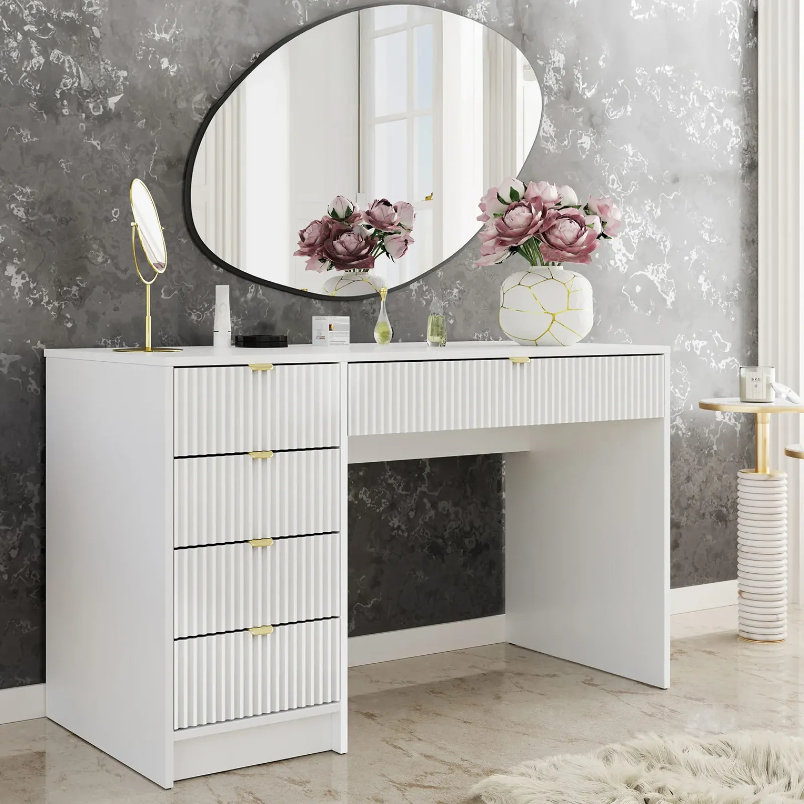 Garnero Arredamenti Toeletta Trucco|Scrivanie Ufficio-Scrivania 120x55cm con 5 cassetti cannettata Athena Bianco