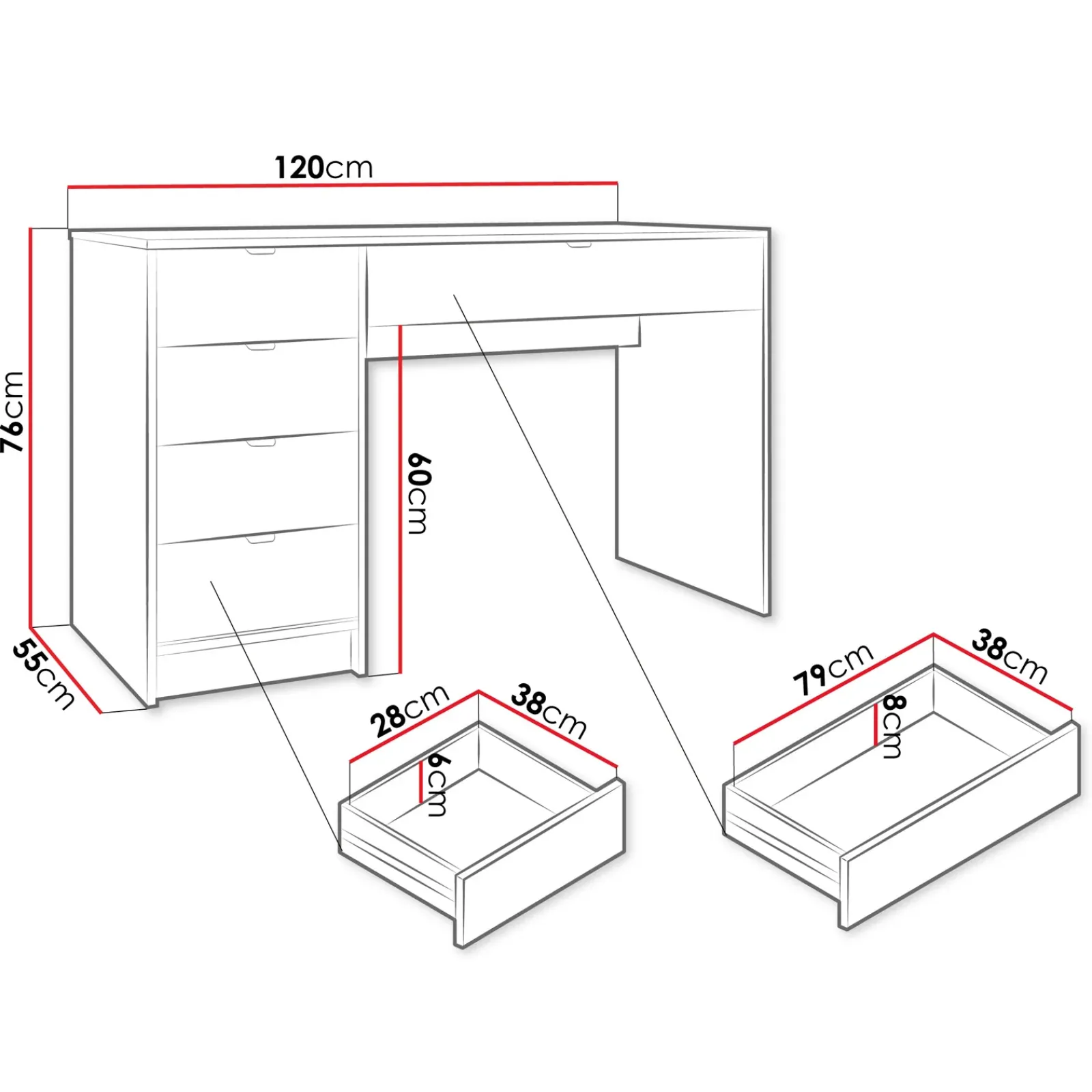Garnero Arredamenti Toeletta Trucco|Scrivanie Ufficio-Scrivania 120x55cm con 5 cassetti cannettata Athena Bianco
