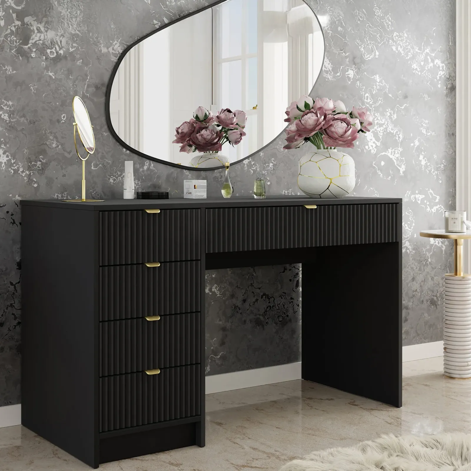 Garnero Arredamenti Toeletta Trucco|Scrivanie Ufficio-Scrivania 120x55cm con 5 cassetti cannettata Athena Nero