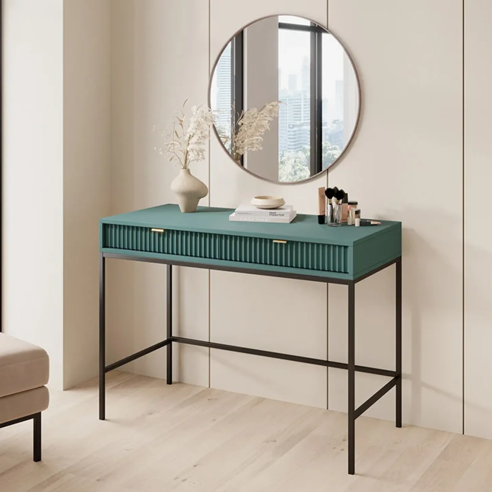 Garnero Arredamenti Consolle Fissa|Consolle Fissa-Scrivania 104x77cm consolle ingresso 2 cassetti moderna Alisa Verde