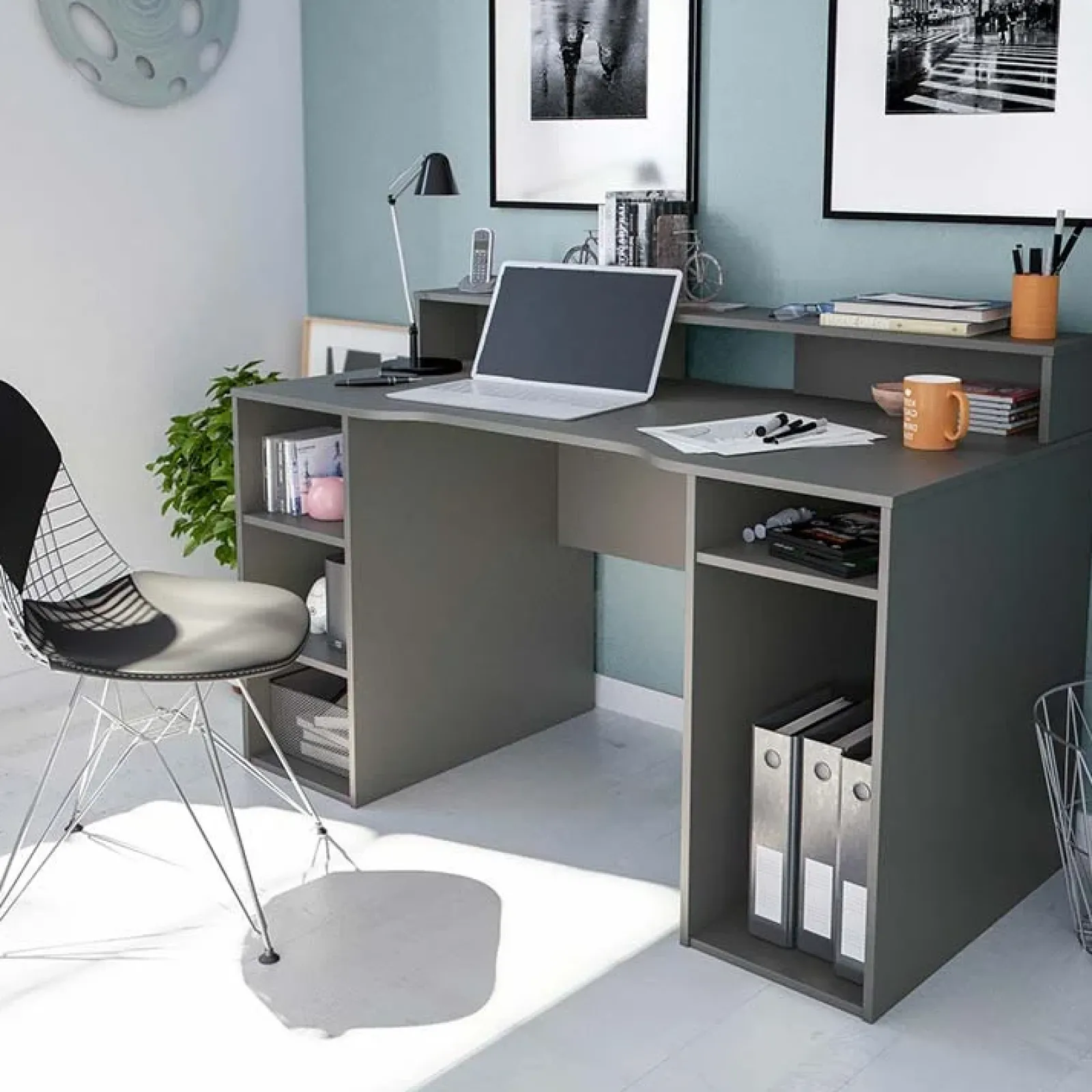 Garnero Arredamenti Scrivanie Per Ragazzi|Scrivanie Ufficio-Scrivania 136x67cm gaming salvaspazio grigio antracite Newton