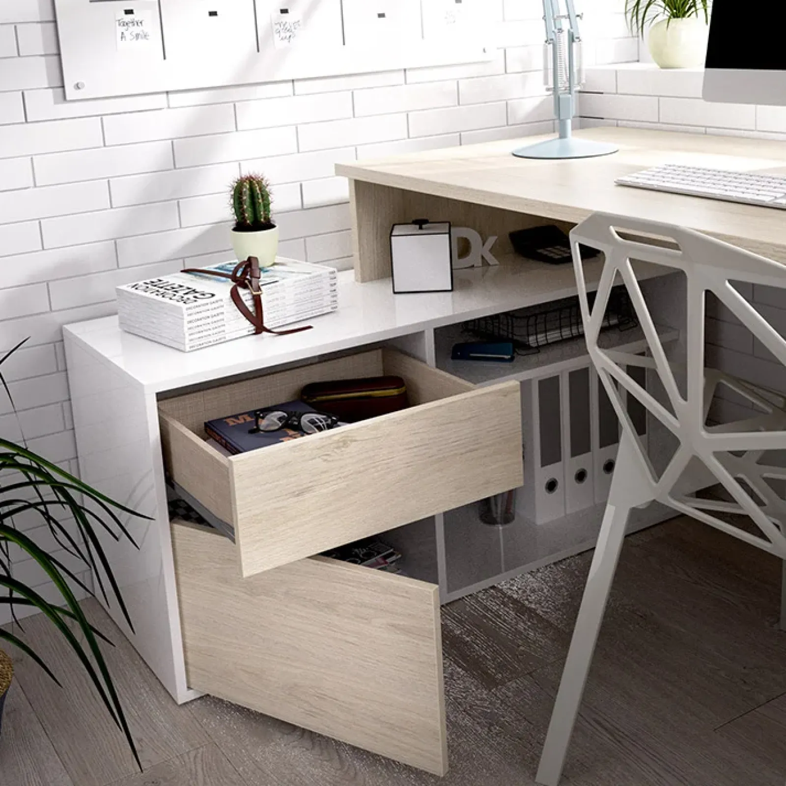 Garnero Arredamenti Scrivanie Per Ragazzi|Scrivanie Ufficio-Scrivania 139x92cm ufficio angolare bianco lucido rovere Teddy Rovere - Bianco Lucido