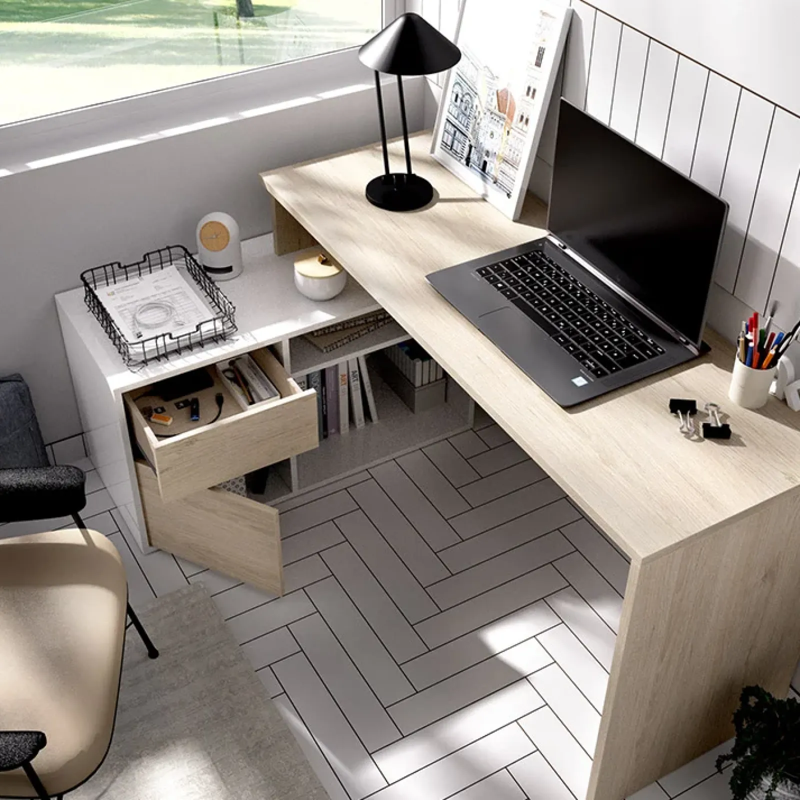 Garnero Arredamenti Scrivanie Per Ragazzi|Scrivanie Ufficio-Scrivania 139x92cm ufficio angolare bianco lucido rovere Teddy Rovere - Bianco Lucido