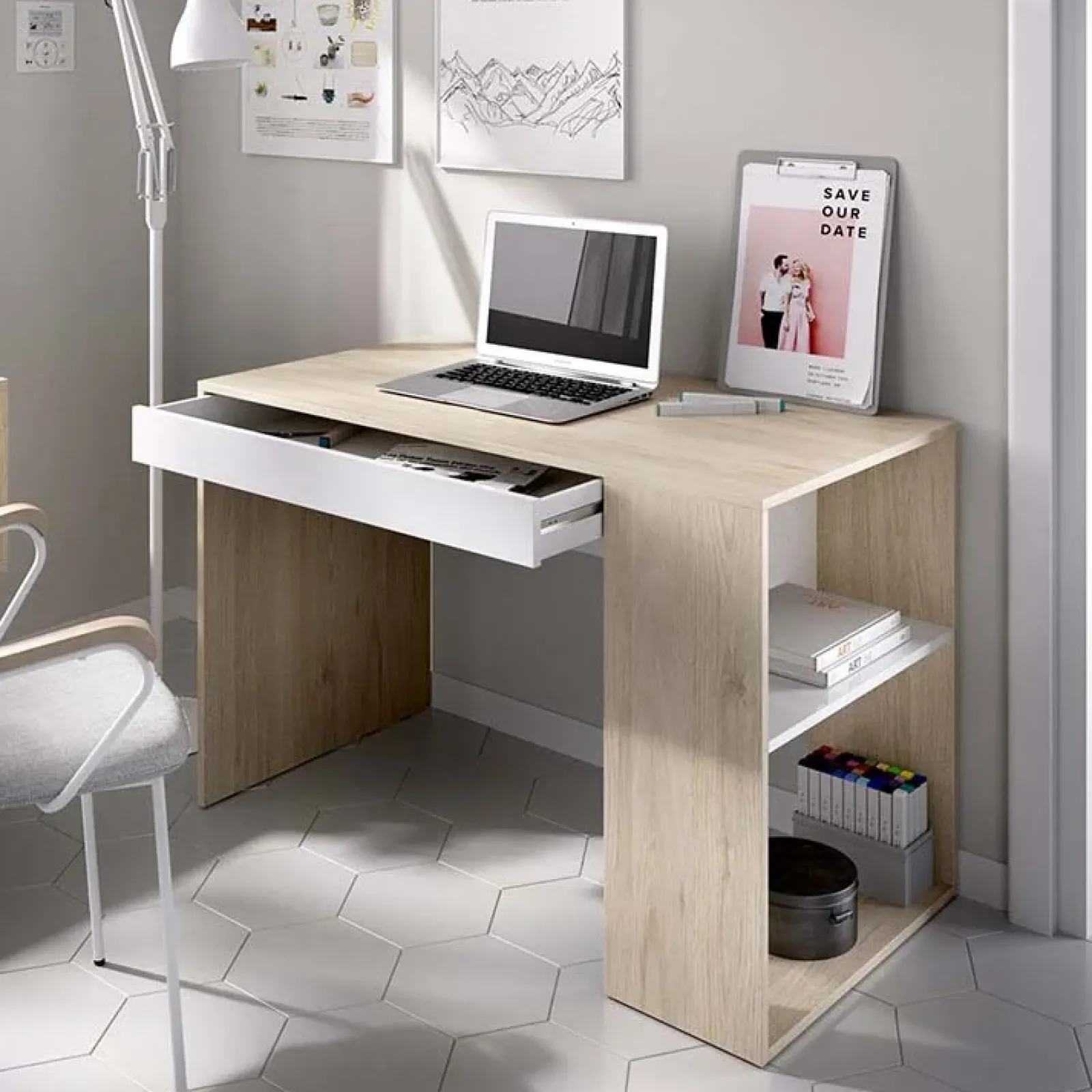 Garnero Arredamenti Scrivanie Per Ragazzi|Scrivanie Ufficio-Scrivania 115x50cm ufficio salvaspazio rovere bianco opaco Tiger Rovere - Bianco opaco