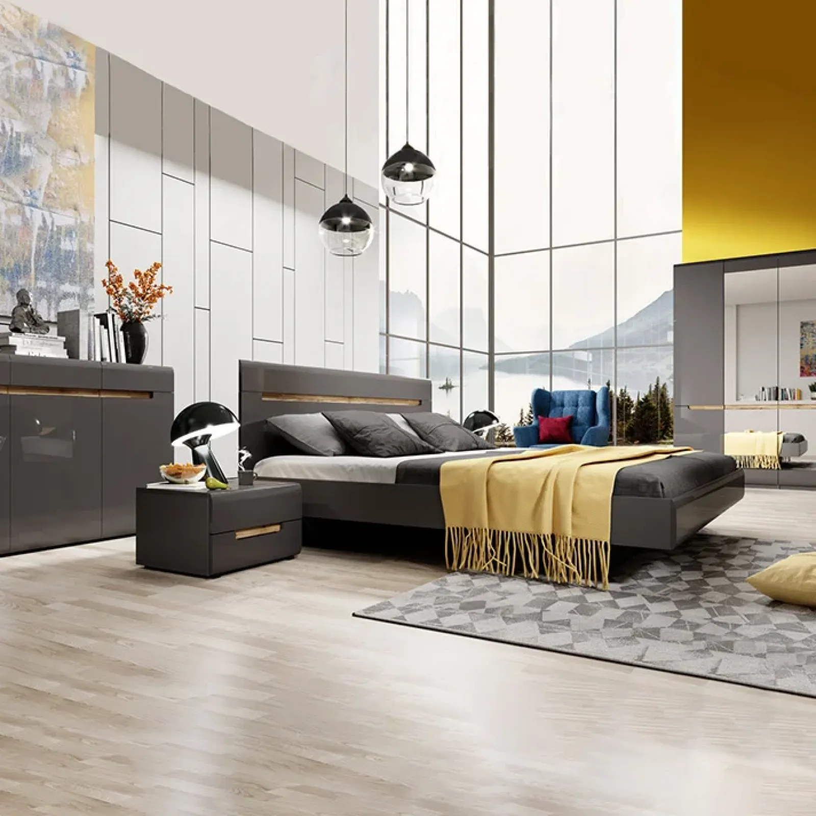 Garnero Arredamenti Comodini|Comò-Set 2 comodini 52x35h cm 2 cassetti lucido rovere Dubai Gihome® Antracite