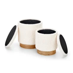 Garnero Arredamenti Pouf-Set 2 pouf rotondi contenitore imbottiti panna rovere Masato