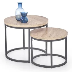 Garnero Arredamenti Set Tavolini|Set Tavolini-Set 2 tavolini da salotto rotondi rovere nodato nero Tavira