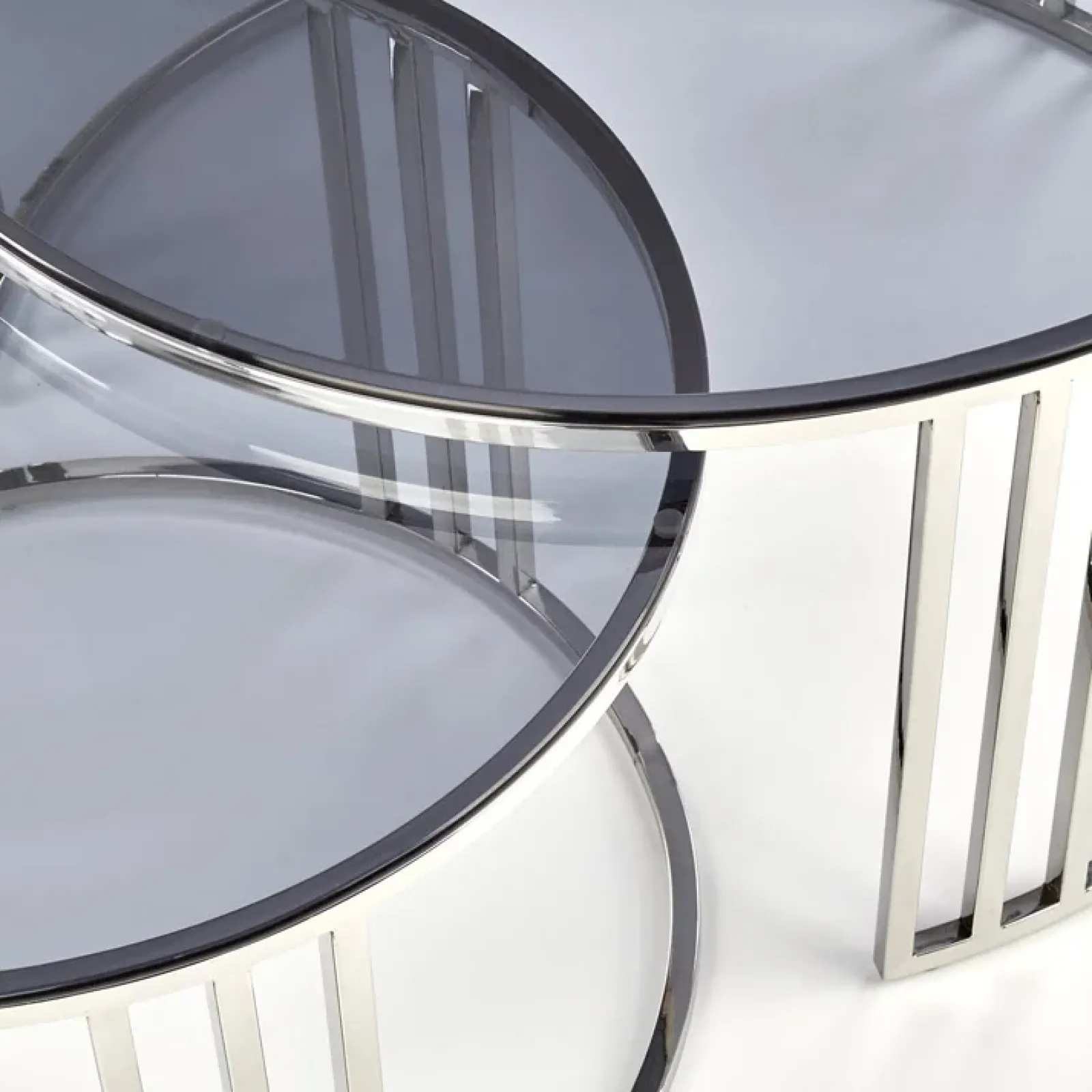 Garnero Arredamenti Set Tavolini|Set Tavolini-Set 2 tavolini da salotto rotondi vetro fumé acciaio cromato Love