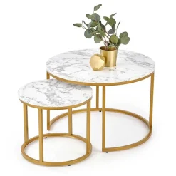 Garnero Arredamenti Set Tavolini|Set Tavolini-Set 2 tavolini rotondi da salotto effetto marmo bianco oro Lepi